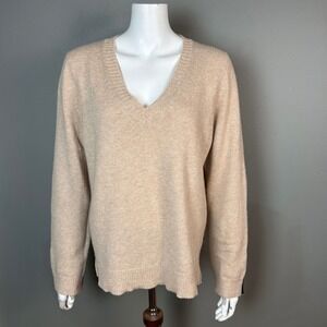 J.Crew Cashmere Wool Sweater Women's XL Leather Elbow Patch Beige Minimalist